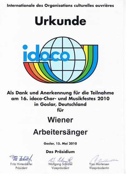 IDOCO Teilnahmeurkunde der Wiener Arbeitersänger